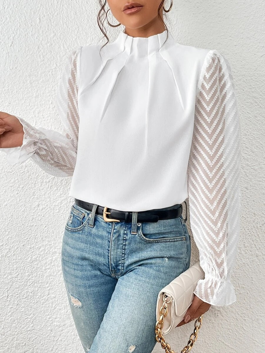 Rosé | Damen Bluse Stehkragen Transparente Ärmel Rüschenmanschette