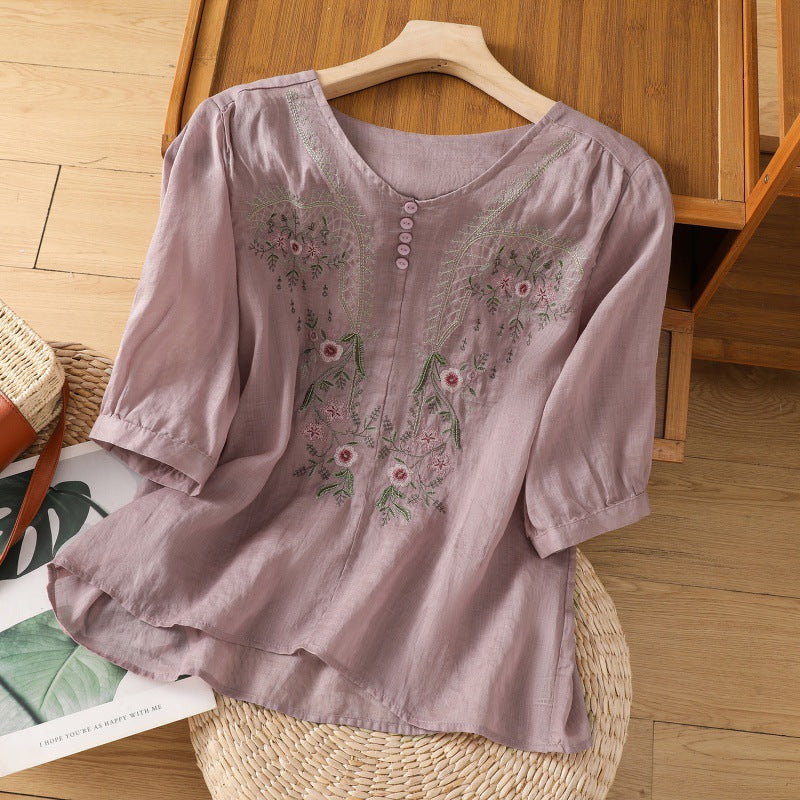Lia | Damen Bluse 3/4 Arm mit Blumenstickerei V-Ausschnitt