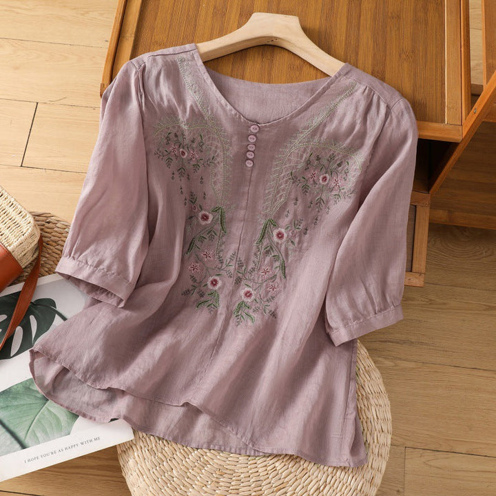 Lia | Damen Bluse 3/4 Arm mit Blumenstickerei V-Ausschnitt