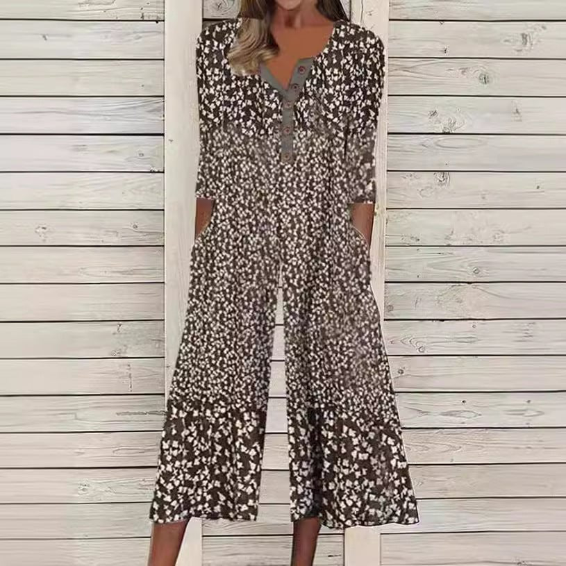 Luvai | Damen Jumpsuit Blätterprint V-Ausschnitt Kurzarm mit Taschen
