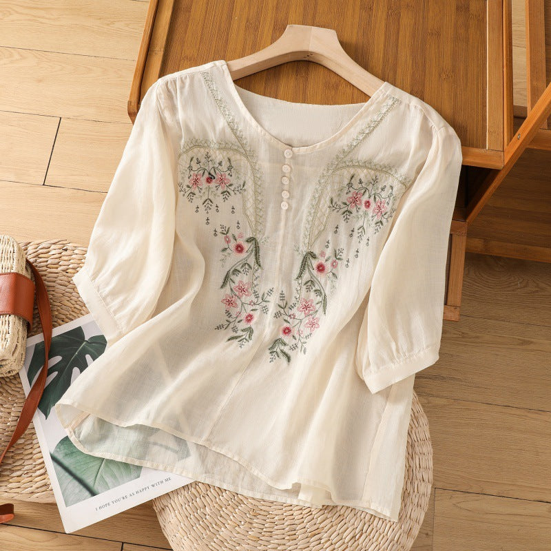 Lia | Damen Bluse 3/4 Arm mit Blumenstickerei V-Ausschnitt