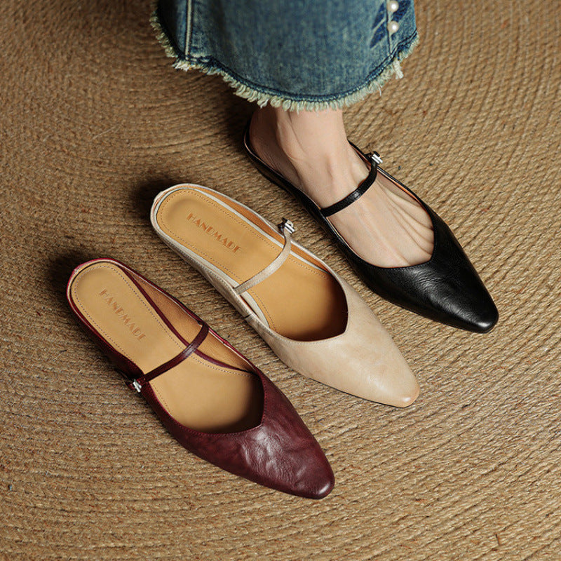 Nora | Damen Leder Mules Spitze Zehenpartie Mary Jane Riemchen Flats