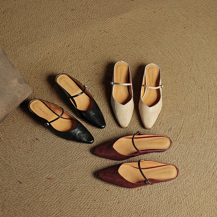 Nora | Damen Leder Mules Spitze Zehenpartie Mary Jane Riemchen Flats
