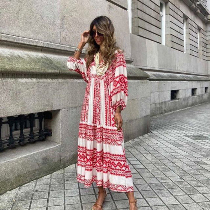 Rosa | Damen Boho Maxi-Kleid Puffärmel V-Ausschnitt Muster