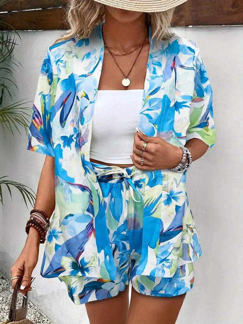Hana | Damen Kimono-Set Shorts Blumenmuster Sommer