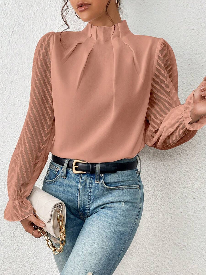 Rosé | Damen Bluse Stehkragen Transparente Ärmel Rüschenmanschette