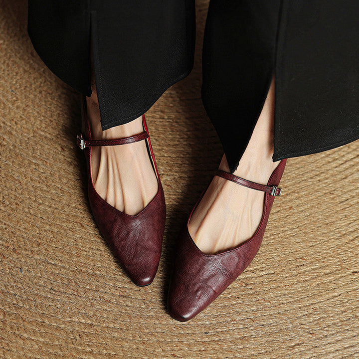 Nora | Damen Leder Mules Spitze Zehenpartie Mary Jane Riemchen Flats
