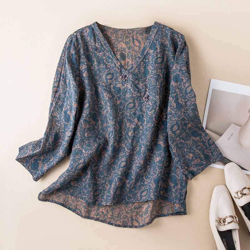 Jema | Damen Bluse Paisley Muster V-Ausschnitt Langarm