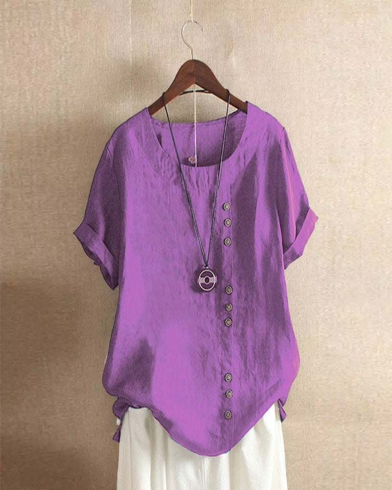Janice | Damen bluse Kurzarm Rundhals Knopfleiste Sommer