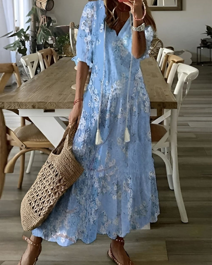 Mathilda | Damen Boho Maxi-Kleid Wiesenblumen V-Ausschnitt