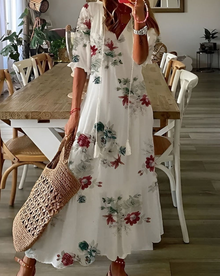 Mathilda | Damen Boho Maxi-Kleid Wiesenblumen V-Ausschnitt