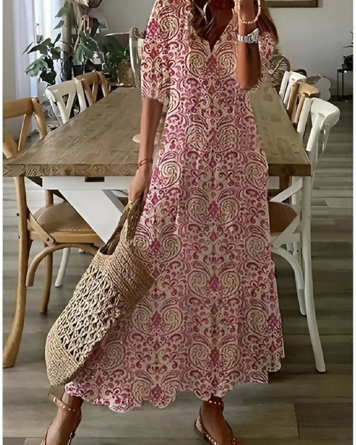 Mathilda | Damen Boho Maxi-Kleid Wiesenblumen V-Ausschnitt