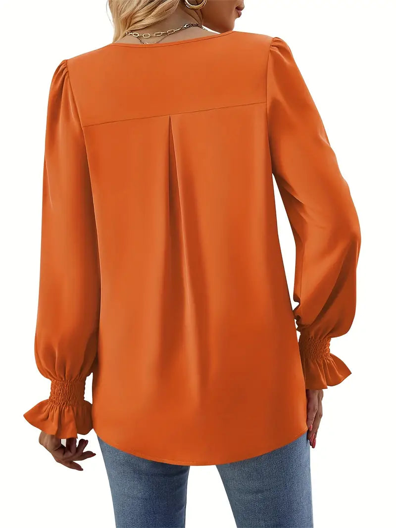 Lefa | Damen Chiffon Bluse V-Ausschnitt Laternenärmel Frühling