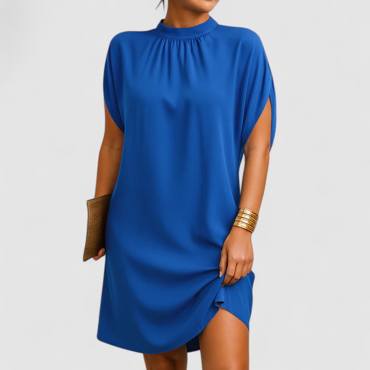 Losie | Damen Mini Kleid Fledermausärmel Stehkragen Schulterausschnitt