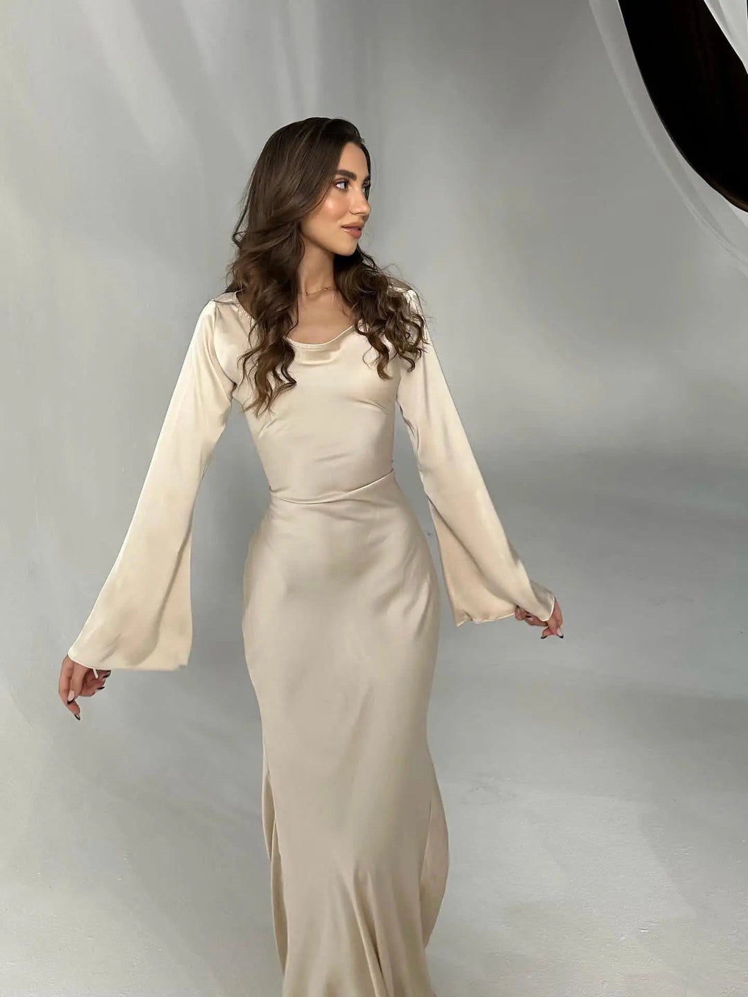 Aria | Damen Maxi Kleid Langarm Fließend Elegant Abendkleid