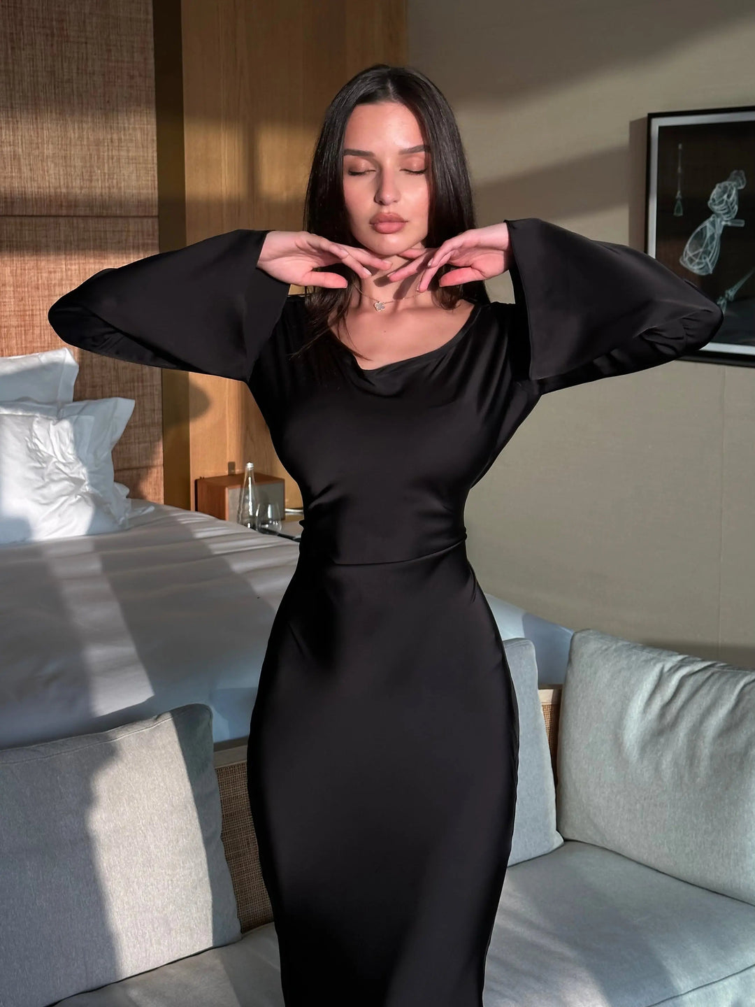 Aria | Damen Maxi Kleid Langarm Fließend Elegant Abendkleid