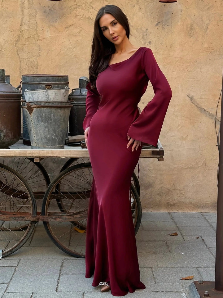 Aria | Damen Maxi Kleid Langarm Fließend Elegant Abendkleid