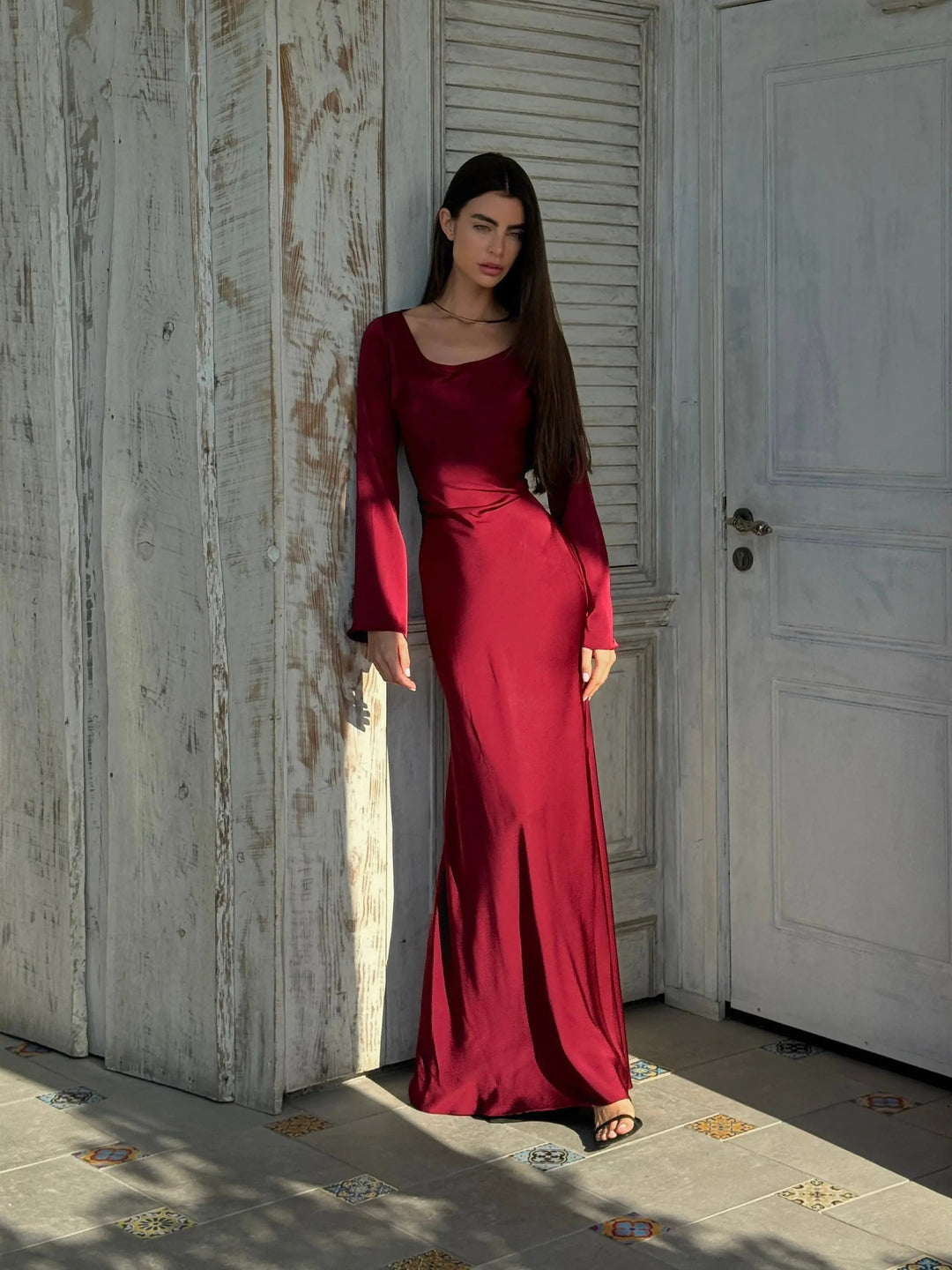 Aria | Damen Maxi Kleid Langarm Fließend Elegant Abendkleid