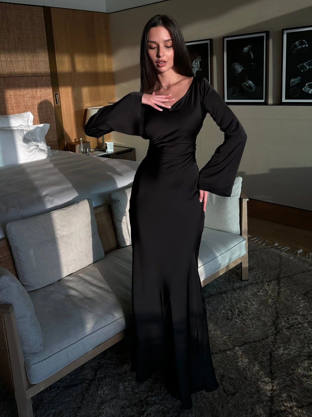 Aria | Damen Maxi Kleid Langarm Fließend Elegant Abendkleid