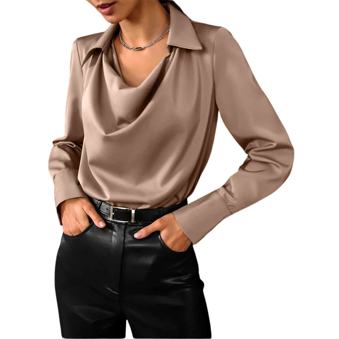 Mona | Damen Satin Bluse Langarm Wasserfallkragen Taupe Elegant