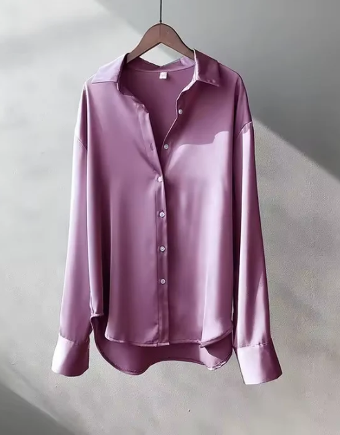 Shanie | Damen Satinbluse Button-Down Hemdkragen Langarm