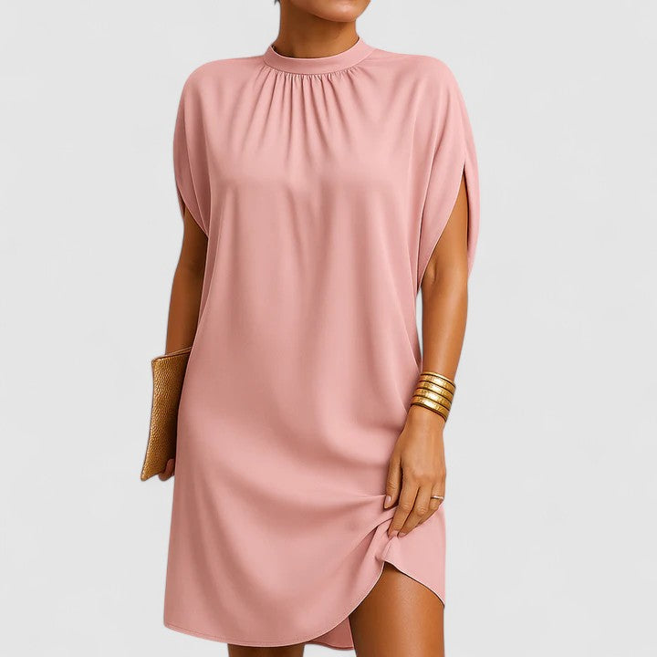 Losie | Damen Mini Kleid Fledermausärmel Stehkragen Schulterausschnitt