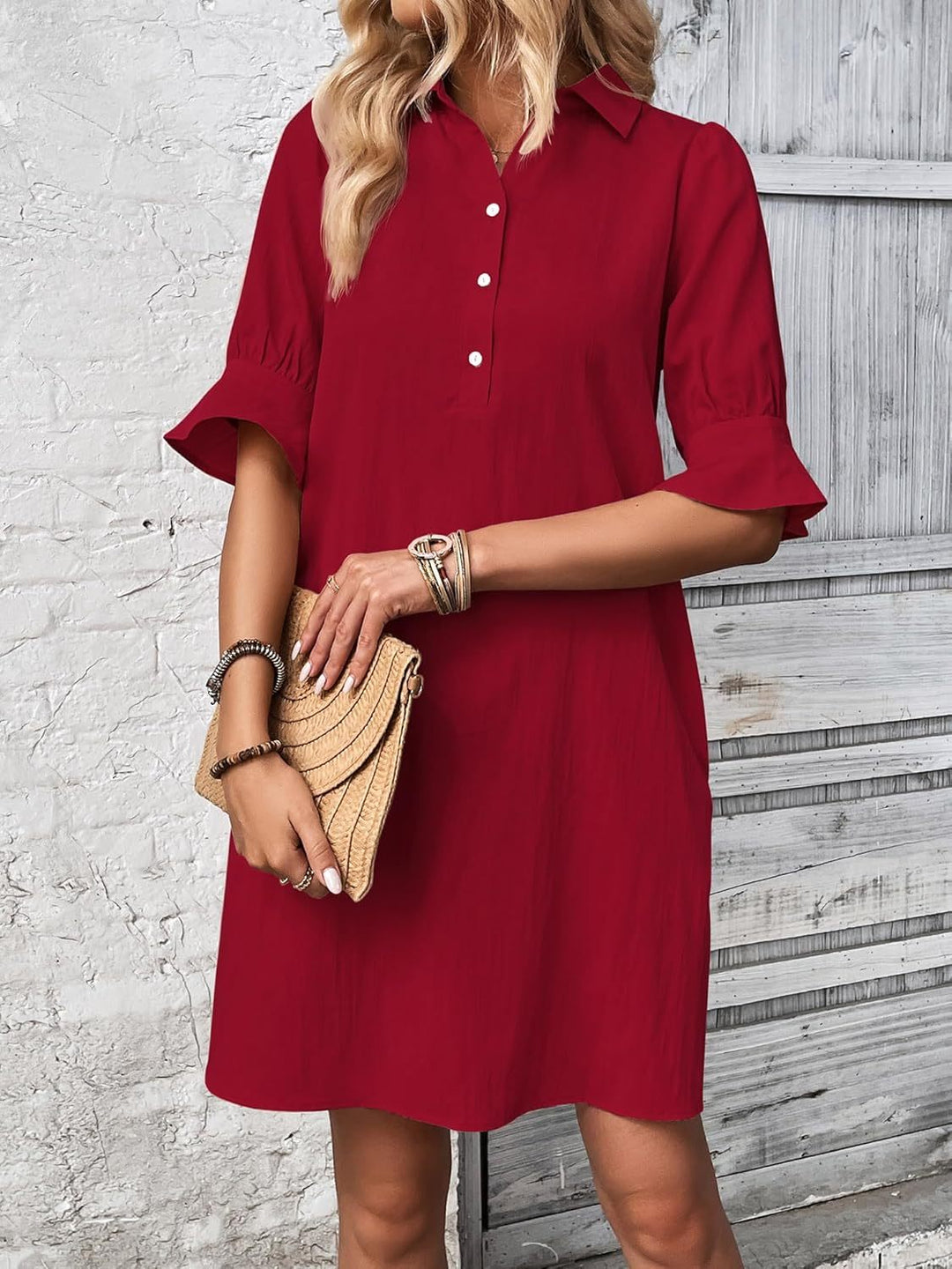 Kate | Damen Hemdkleid Schwarz 3/4 Arm Knopfleiste Midi