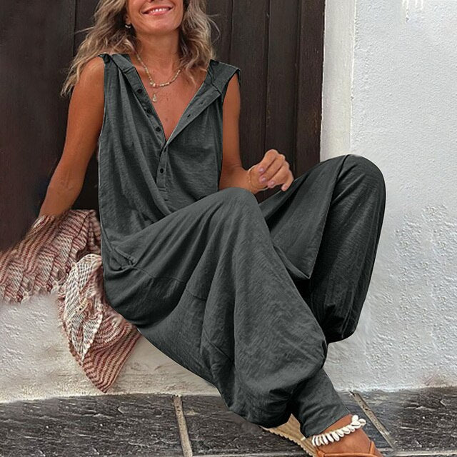Sofia | Damen Jumpsuit Weites Bein V-Ausschnitt Sommer Overall