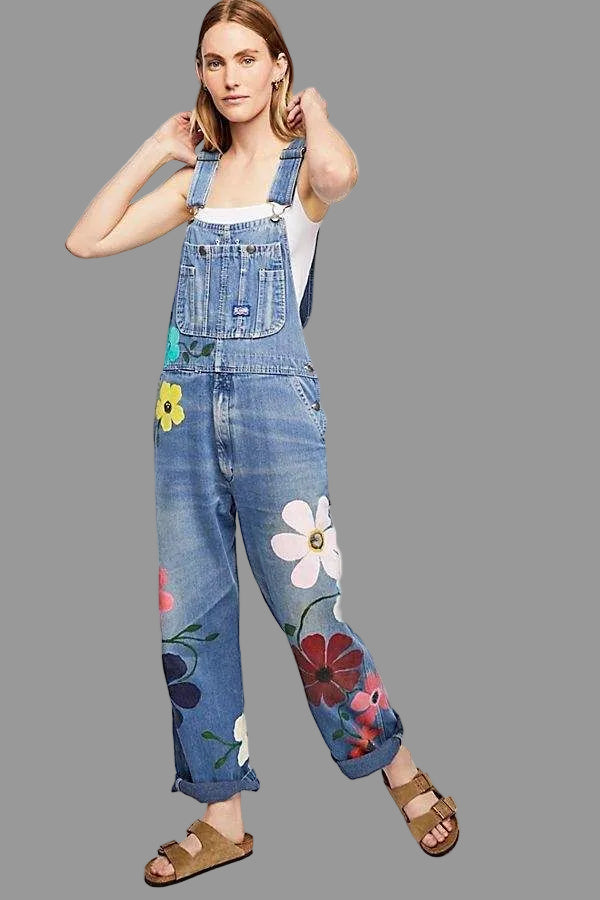Mila | Damen Denim Latzhose mit Blumenmuster Jeans Overall