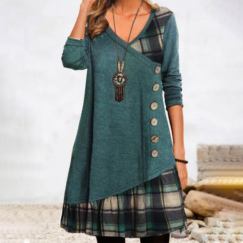 Lena | Damen Longshirt Kleid Kariert V-Ausschnitt Asymmetrisch