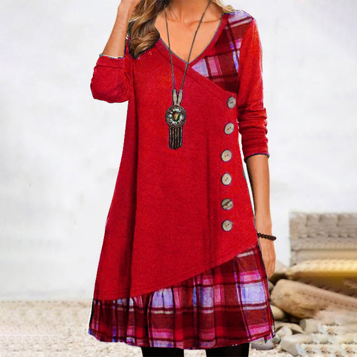 Lena | Damen Longshirt Kleid Kariert V-Ausschnitt Asymmetrisch
