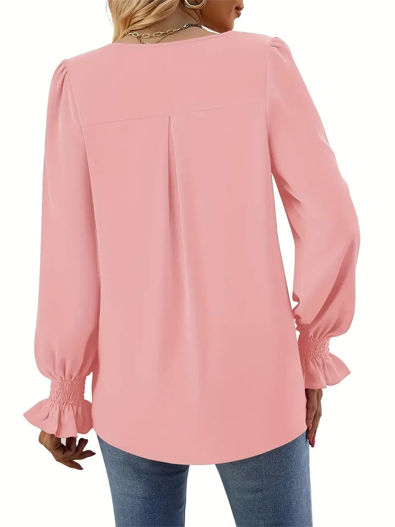 Lefa | Damen Chiffon Bluse V-Ausschnitt Laternenärmel Frühling