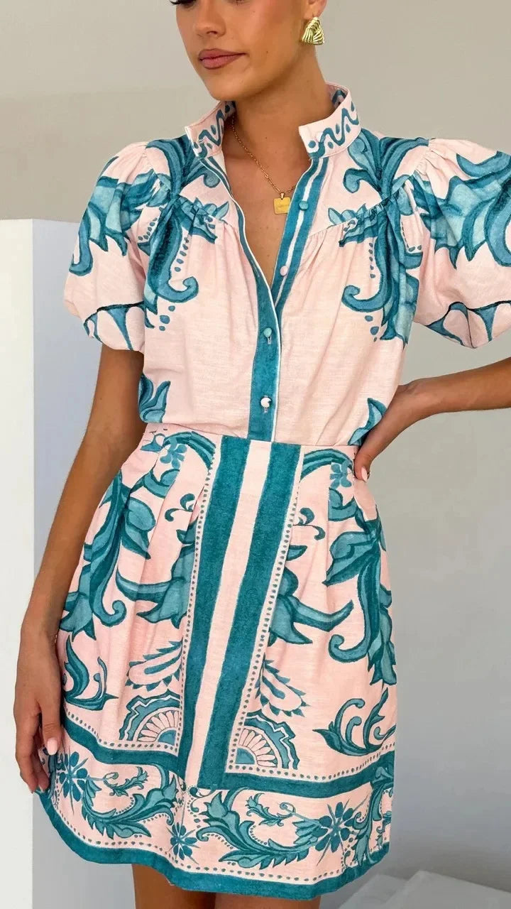 Capri | Damen Minikleid Puffärmel Knopfleiste Floral