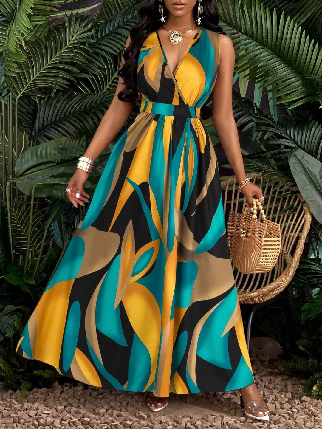 Nina | Damen Maxi-Kleid V-Ausschnitt Colorblock Print Elegant