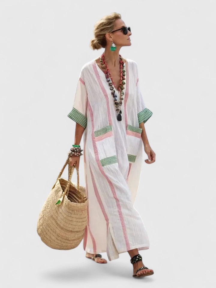 Paloma | Damen Kaftan Maxikleid V-Ausschnitt Gestreift Sommerkleid Boho