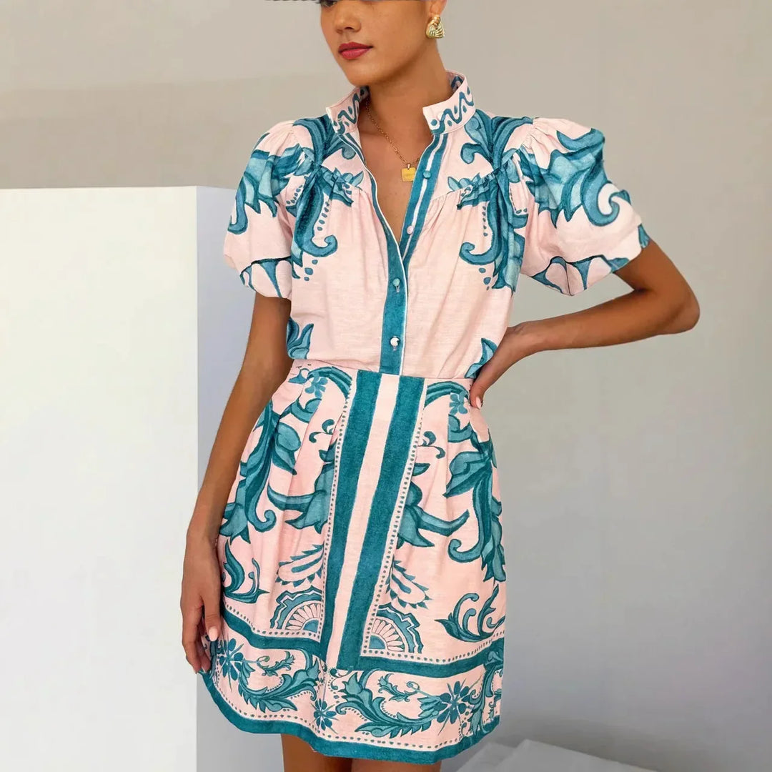 Capri | Damen Minikleid Puffärmel Knopfleiste Floral