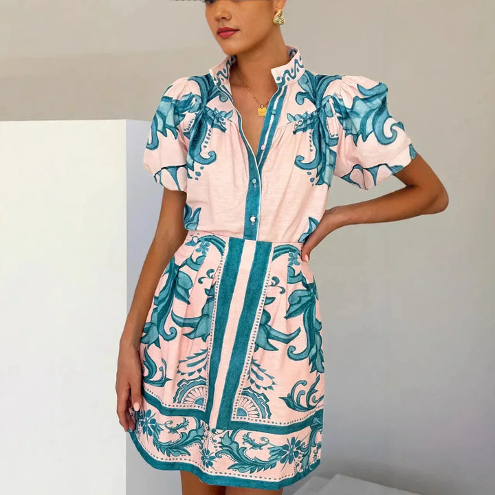 Capri | Damen Minikleid Puffärmel Knopfleiste Floral