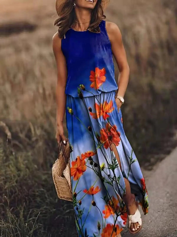 Nina | Damen Maxikleid Ärmellos Rundhals Muster Sommer