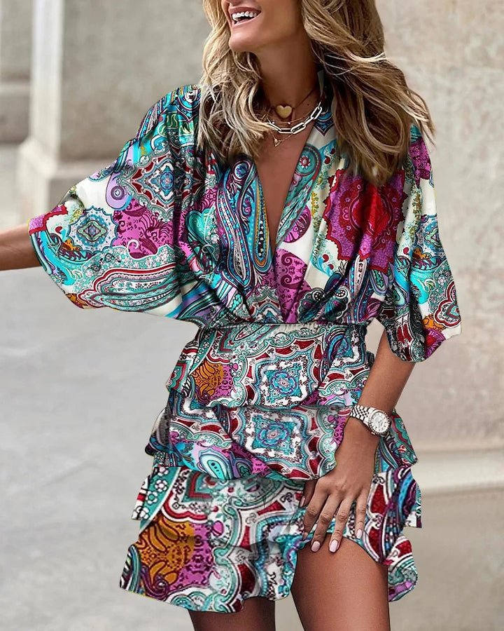 Zoe | Damen Minikleid Paisley Print V-Ausschnitt Rüschenrock