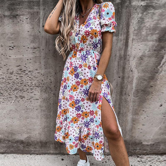 Maja | Damen Sommerkleid Blumenmuster V-Ausschnitt Schlitz