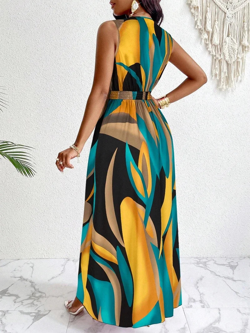 Nina | Damen Maxi-Kleid V-Ausschnitt Colorblock Print Elegant