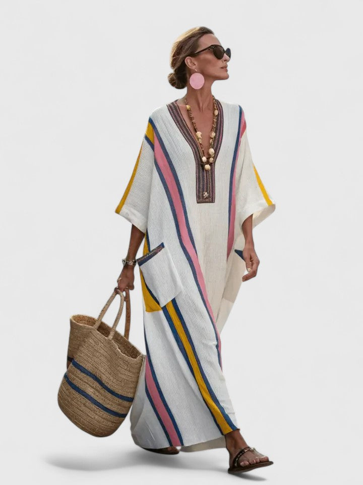 Paloma | Damen Kaftan Maxikleid V-Ausschnitt Gestreift Sommerkleid Boho