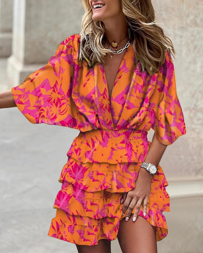 Zoe | Damen Minikleid Paisley Print V-Ausschnitt Rüschenrock