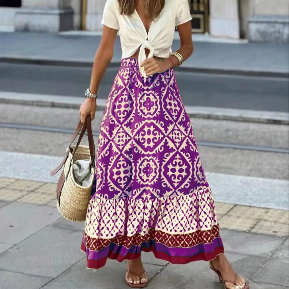 Ines | Damen Maxirock Boho Ornamentmuster High Waist Sommer