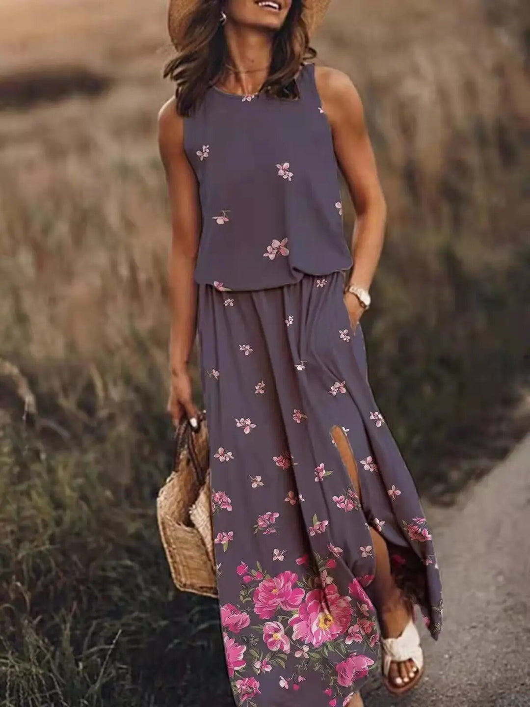 Nina | Damen Maxikleid Ärmellos Rundhals Muster Sommer