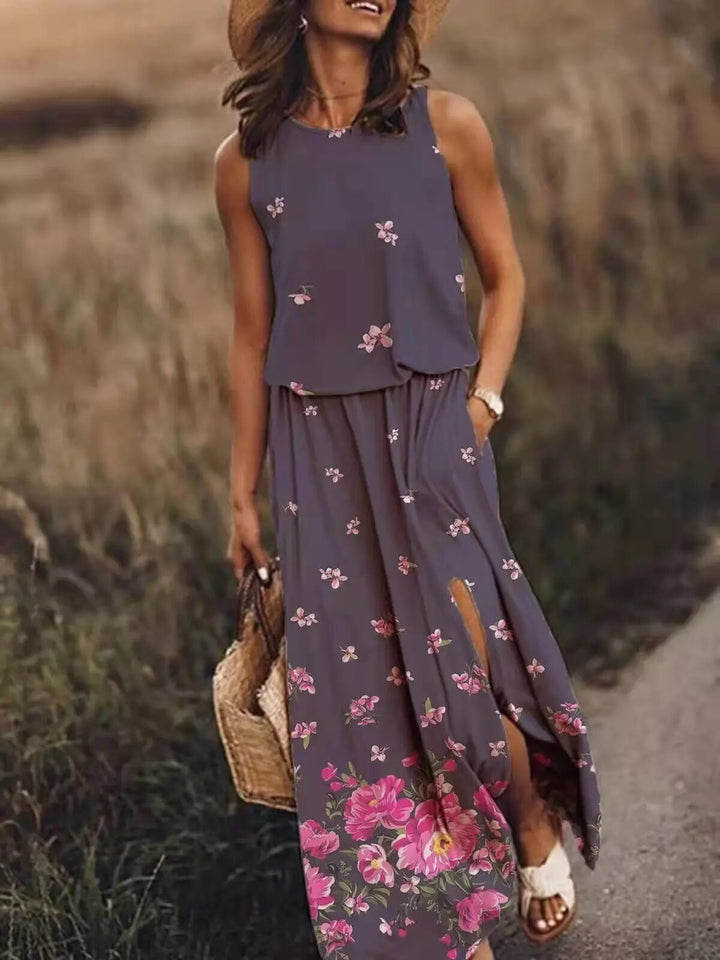 Nina | Damen Maxikleid Ärmellos Rundhals Muster Sommer