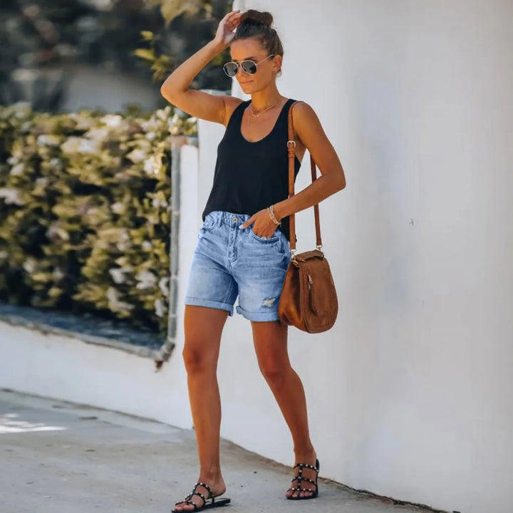 Lexi | Damen Jeans Shorts High Waist Destroyed Umschlag