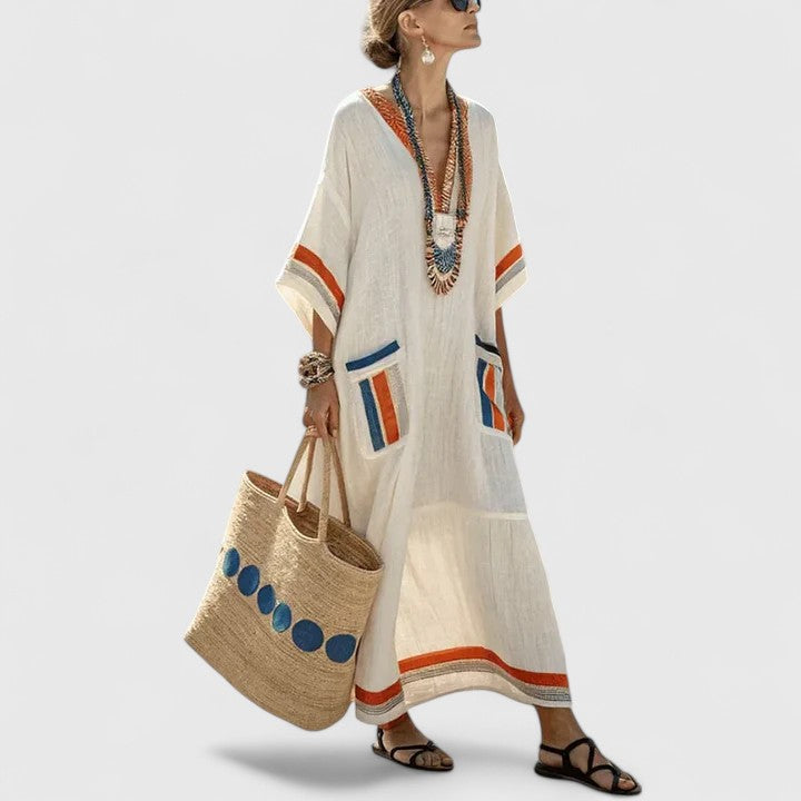 Fiora | Damen Boho Maxikleid V-Ausschnitt Gestreift 3/4 Arm Sommerkleid