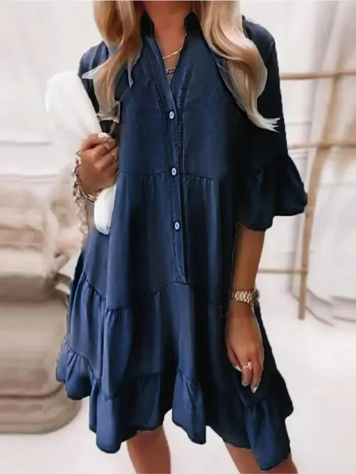 Kelia | Damen Jeanskleid Rüschen Knopfleiste 3/4 Arm Midi