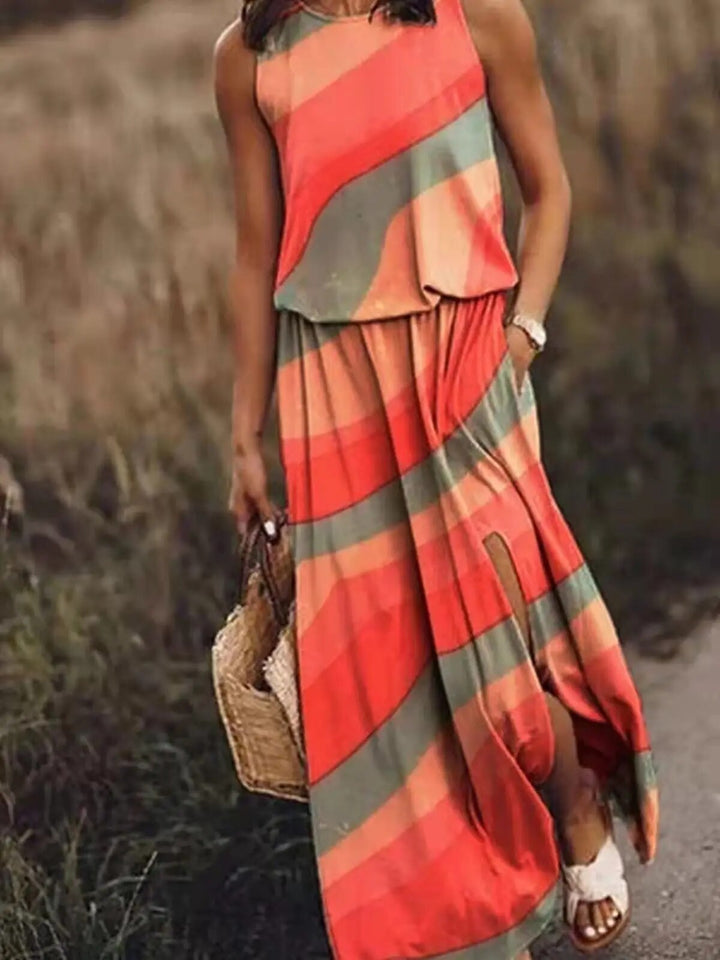 Nina | Damen Maxikleid Ärmellos Rundhals Muster Sommer